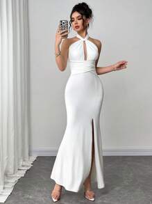 Firerie 女士优雅简约派对鸡尾酒会礼服白色吊带领交叉前镂空腰部露背高开叉连衣裙