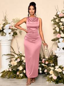 SOLERSUN 女士优雅纯色垂领褶皱无袖派对礼服，非常适合宴会 - 藕粉色 - 查看 8