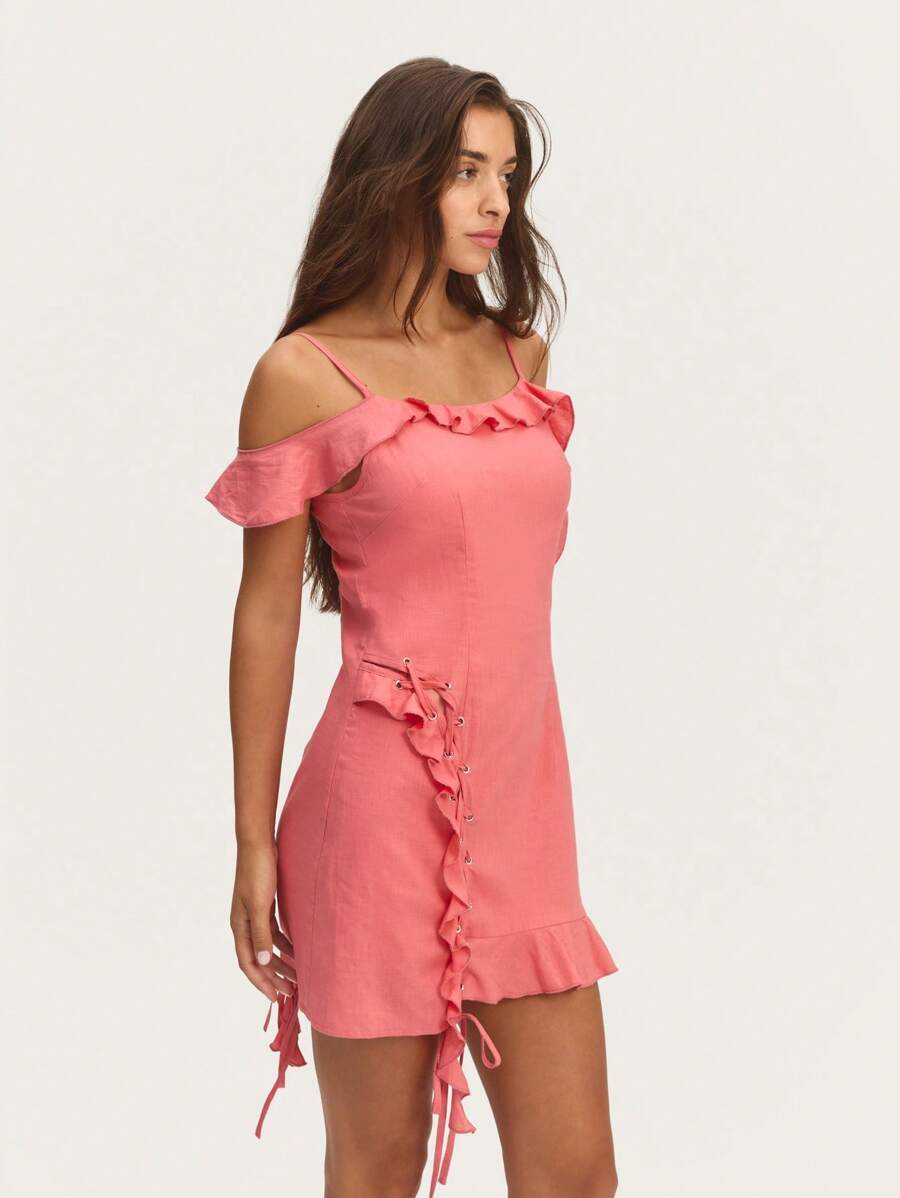 Nöista Pink Asymmetrical Linen Dress With Cascading Ruffles, Lace-Up Ties, And Criss-Cross Straps. Adjustable Back Straps, Perfect For Spring And Summer Occasions Like Graduation Or Easter. - Coral Orange - View 1