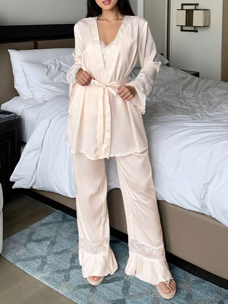 DAZY 3pcs/Set Romantic Lace Patchwork Ruffle Sleeve Belted Robe, Camisole Top & Pants Pajama Set For Women, Fall Winter Clothes - Beige - View 6