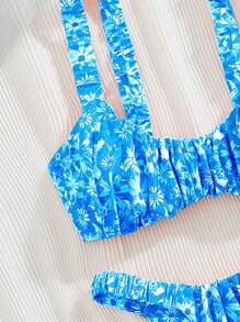 Swim Mod Spring Break Tropical Floral Ruched Wide Strap Bandeau Fashionable Sexy Women Beach Holiday Bikini Top For Summer Beach Vacation - Blue - View 4