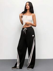 Manfinity VCAY Unisex Casual Knitted Drawstring Wide Leg Straight Sweatpants, Suitable For Daily Wear - Black - View 4