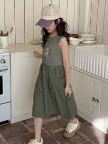 Dazy Kids Váy thường ngày cho bé gái tuổi teen, trang phục mùa hè cho bé gái, quần áo trở lại trường - xanh quân đội - Xem 5