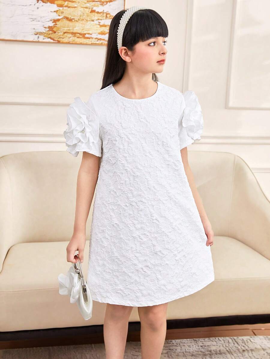 SHEIN Vestido de princesa de manga corta con decoración floral 3D sólido para niña preadolescente - Blanco - Ver 1