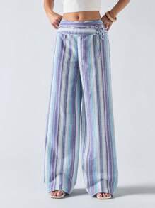 LYSMO Women's Striped Tie-Up Patchwork Long Pants