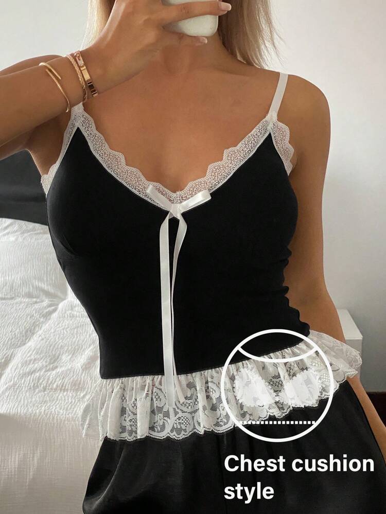 Sweet Contrast Color Lace Trim Self-Padded Camisole Top For Women Sleepwear Pajama