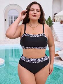 SHEIN Swim Curve Plus Size Splicing Spaghetti Strap Sandstone Print 2Pcs Swimwear Set, Casual - Multicolor - View 6