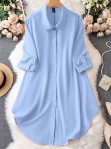 SHEIN Clasi Váy sơ mi tay dài dệt trơn màu cỡ lớn cho nữ, đi làm và thường ngày - Màu xanh nhạt - Xem 1