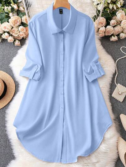SHEIN Clasi Plus Size Women Solid Color Woven Long Sleeve Cuffed Hem Shirt Dress, Commuting & Casual Fall Cloth For Women