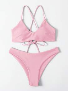 SHEIN Swim 纯色无线比基尼泳衣，度假海滩 - 粉色 - 查看 3
