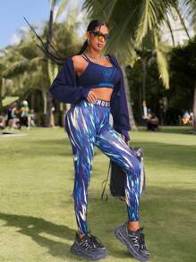 Innovista 女士运动休闲抽象运动紧身裤，透气高弹速干健身裤，高腰运动服，塑形塑身衣，健身裤，时尚前卫的运动套装，适合跑步、有氧运动、力量训练、举重、普拉提、瑜伽、垫上运动、拳击、舞蹈、户外运动、徒步、露营、越野跑、排球、音乐节、派对等场合，蓝色，适合秋季穿着，女士秋季束腰塑形套装，清爽浅蓝色 - 藍色 - 查看 6