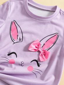 SHEIN Young Girl's Summer Casual Rabbit Print Bow Decor T-Shirt - Multicolor - View 3