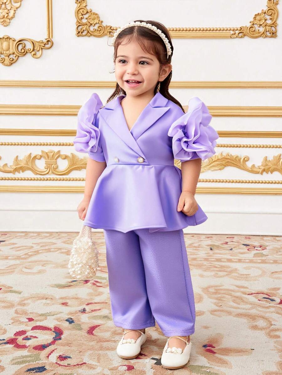SHEIN Bộ 2 món áo hoa satin tím tay ngắn và quần dài cạp chun cho bé gái, mùa hè - Màu tím - Xem 1