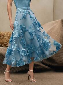 Anewsta 春夏度假节日新款复古优雅百搭花卉刺绣网眼高腰A字裙，秋春女裙 - 淺藍色 - 查看 6