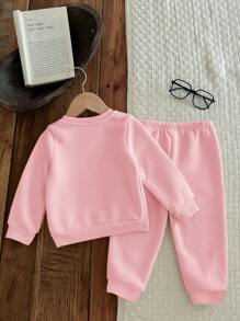 SHEIN 2 件套女婴卡通图案长袖圆领厚休闲装，适合秋冬季 - 粉色 - 查看 2