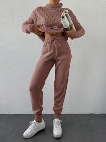 EURMUSE 2pcs Women Solid Color Open Shoulder Long Sleeve Sweater And Pants Set, Casual - Rusty Rose - View 5