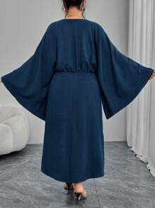 Modelyn Plus Size Elegant Solid Color Bell Sleeve Side Slit Dress - Navy Blue - View 3