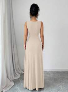 SHEIN Privé Wine Red Elegant Retro Square Collar Front Vent A-Line Dress For Women - Apricot - View 2