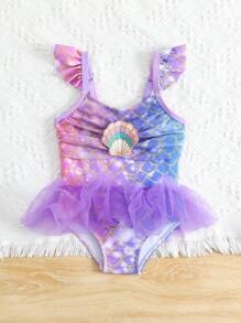 Baby Girl Fish Scale Print Mesh Patchwork One Piece Swimsuit For Beach/Resort - Multicolor - View 3