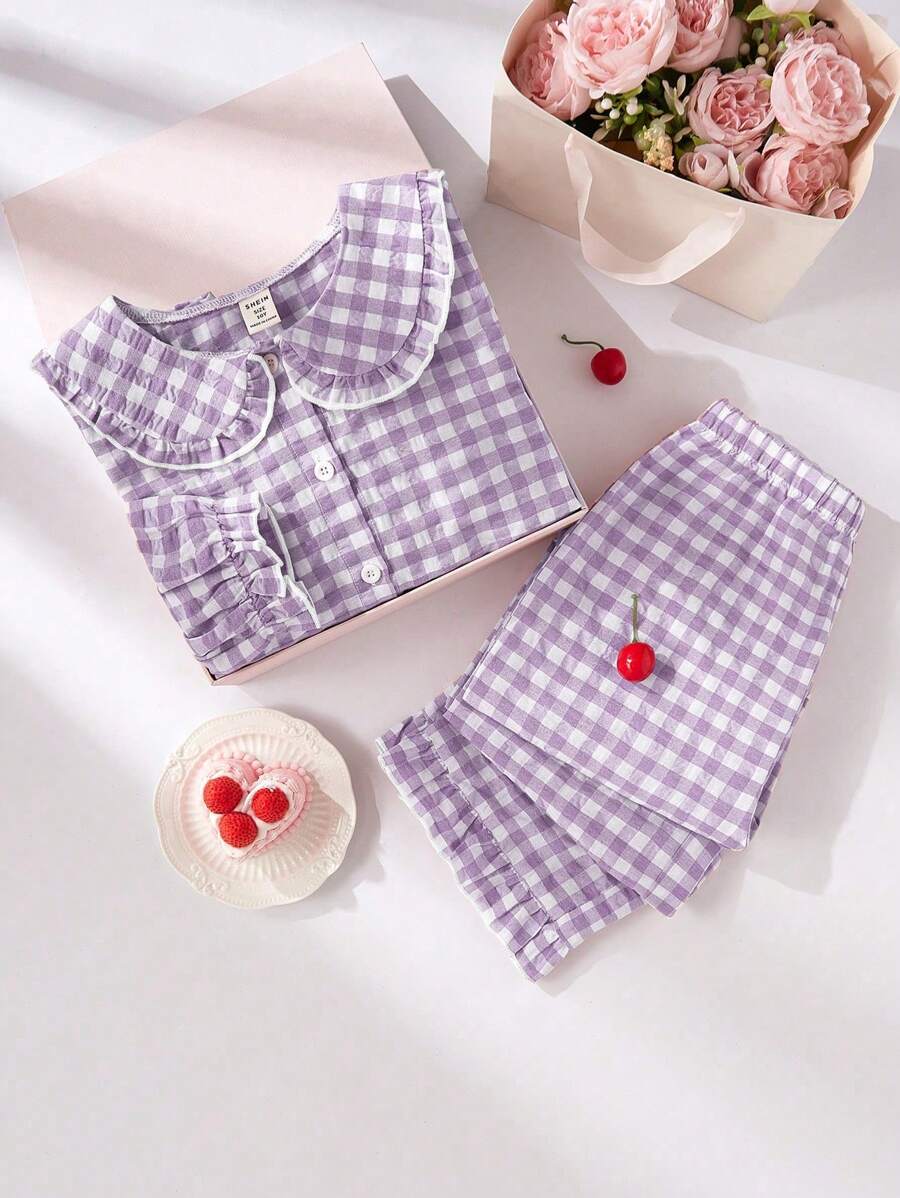 2pcs/Set Tween Girls Casual Plaid Ruffle Trim Long Sleeve Top And Pants Homewear Set Little Girls Clothes Sets Girl Clothes Sets Clothes For Girls Young Girls Sets Young Girls Sets Girl Clothes Set For 8 Yesrs Old Cute Sets For Girls