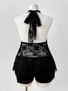Sunspun Top de tirantes finos asimétrico con encaje calado y diseño de araña transparente, estilo casual retro punk para mujer talla grande, primavera/verano