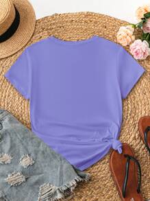 SHEIN EZwear Camiseta casual de mujer de manga corta con cuello redondo y estampado de eslogan