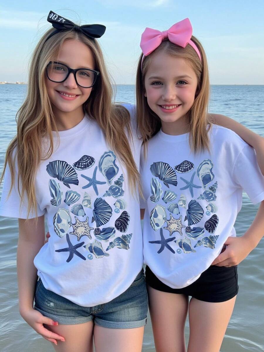 少女休闲可爱卡通贝壳印花短袖 T 恤，兄弟姐妹 T 恤/配套 T 恤（2 件单独出售） - 白色 - 查看 1