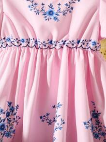 SHEIN 女婴幼儿 0-3 岁优雅度假泡泡袖蓝白连衣裙，春夏