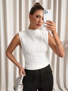 SHEIN Clasi 提花优雅肩章立领修身背心，优雅 - 白色 - 查看 1