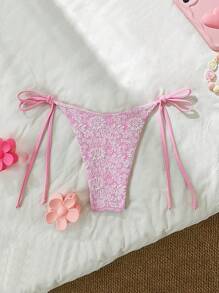 SHEIN Summer Women Beach Holiday Pink Floral Textured Fabric Side Tie Bikini Bottom - Pink - View 2