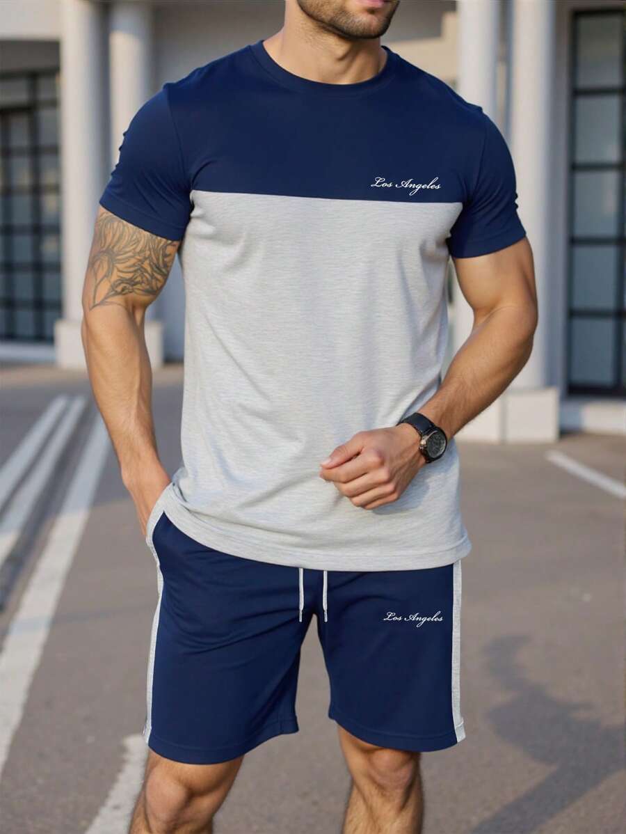 Manfinity Homme Conjunto de camiseta informal de manga corta de cuello redondo con estampado de letras y pantalones cortos con cordón en la cintura para hombres de talla grande