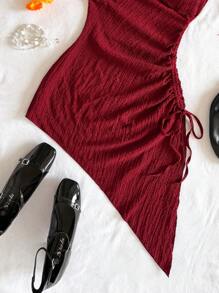 Soleia 度假吊带系带抽绳纹理面料不对称下摆连衣裙 - 酒紅色 - 查看 7