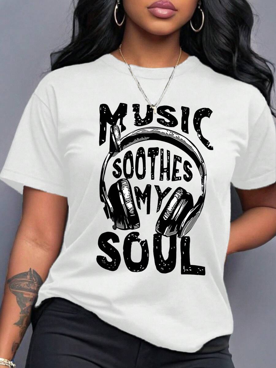 Chiquease 'Music Soothes My Soul' Headset Graphic Tees Letter Slogan T-Shirt, Round Neck Short Sleeved Women Tops - White - View 1