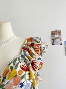 Soleia 大码春夏度假风彩色印花面料短袖甜心领蝴蝶结A字连衣裙，沙滩裙/吊带裙，度假装扮，波西米亚风 - 彩色 - 查看 3