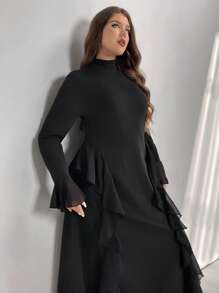 Firerie Đầm mini gợi cảm thiết kế thanh lịch cho đi làm và hẹn hò cỡ lớn, đầm ôm cổ tròn dài tay có viền xếp nếp, dáng chữ A, phù hợp cho mùa xuân thu - màu đen - Xem 7