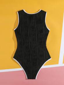Swim SPRTY Women One-Piece Sporty Swimsuit With Zipper, Solid Color Black Slimming Tummy Control High Neck Full Coverage Surfing Swimwear For Summer Beach Vacation - Multicolor - View 5