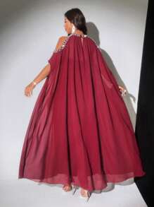 Viva Relle 大码女式优雅浪漫派对鸡尾酒晚礼服，修身喇叭形正式礼服，无肩带领口，修身腰部设计，性感露肩雪纺连衣裙，珍珠和水钻装饰，2 件套 - 酒紅色 - 查看 3