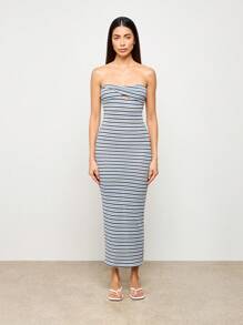 AiiRZ 扭纹抹胸长款修身连衣裙针织弹力罗纹海滩度假夏季条纹连衣裙