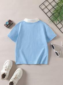SHEIN Áo thun polo tay ngắn in chữ màu tương phản cho bé trai - Màu xanh nhạt - Xem 2