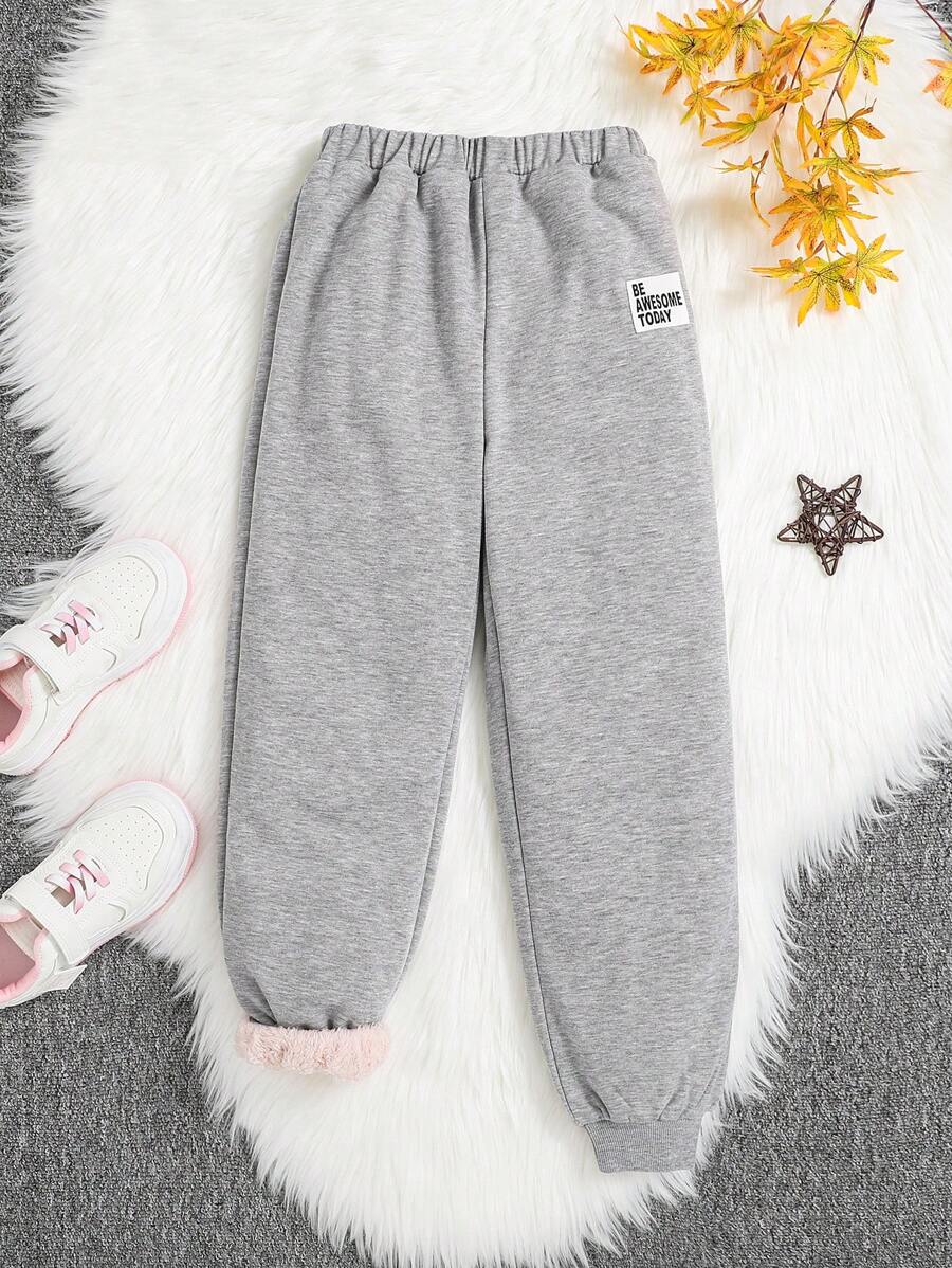 SHEIN Cô gái Tween Chi tiết Patched thư Lót nhiệt Quần thể thao - Màu Xám nhạt - Xem 1