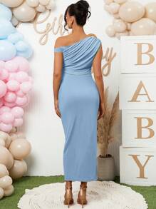 Loomaby 2 chiếc/bộ váy bầu hở vai bất đối xứng cho tiệc chào đón em bé - Màu xanh nhạt - Xem 2