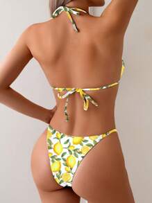 Women's Summer Lemon Print Halter Neck Bikini Set - Multicolor - View 2