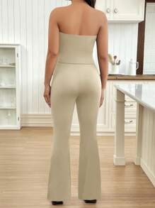 SHEIN 2pcs/Set Maternity Shirred Bandeau Top And Flared Pants Set - Apricot - View 2