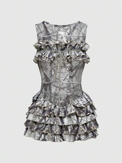 Grunge Punk Robe mini multicouche avec volants, imprimé camouflage de feuilles séchées et branches d'arbre, style sexy Y2K