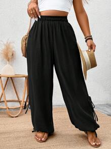 EMERY ROSE 大码女式纯色口袋系腰宽松哈伦裤 - 黑色 - 查看 5