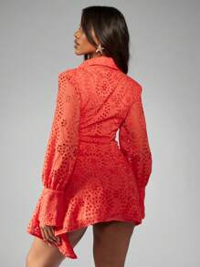 MISSGUIDED Broderie Anglaise Party Mini Dress Ruched Waist Long Sleeve Button Down Collared Summer Spring Asymmetrical Eyelet Flare - Coral Orange - View 2