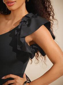 Vixey Casual One Shoulder Ruffle Knit Bodysuit, Spring Outfits, Summer Outfits For Women, Easter Outfits - Black - View 5