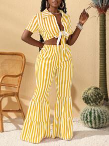 Slaydiva Spring/Summer New Music Festival, Easter, Nashville, Birthday Party, Graduation Season, Student, Everyday Casual, All-Match Versatile, Leisure, Cruise Travel, Beach, Sunbathing Striped Print Top, Tied & Ruched Wide Leg Pants Ladies Set,Summer Sets