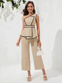 Ellevyn 1 Set Women Elegant Slash Shoulder Crop Top And Long Pants Suit
