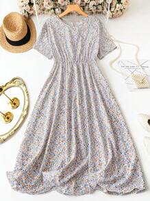 SHEIN LUNE Robe à imprimé floral élégante et décontractée pour femmes, toutes saisons, en tissu confortable. Col rond, manches courtes, taille élastique et ourlet évasé. Polyvalente, convient pour le travail, les voyages et les vacances. Tailles plus. Base blanche avec fleurs multicolores - Blanc - Voir 1